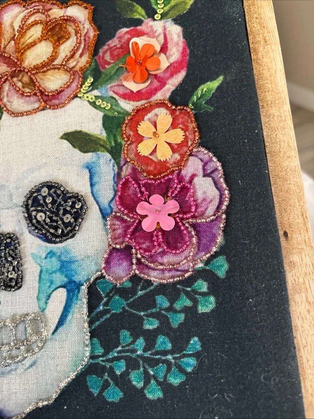 Beautiful Beaded Art Framed Skull, Floral, Day Of Dead/ Halloween Framed